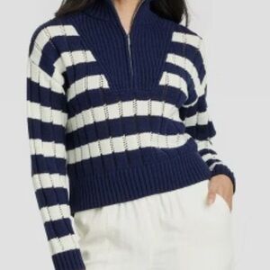 a new day Navy and White Striped Quarter- Zip Sweater like new
